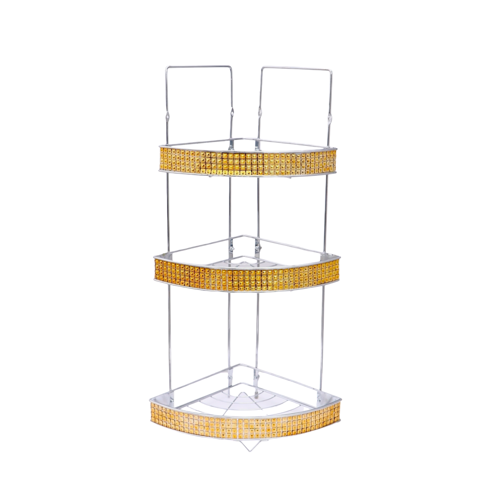 رف حمام شكل زاوية بثلاثة اطباق مصنوع من الاستيل - ذهبي