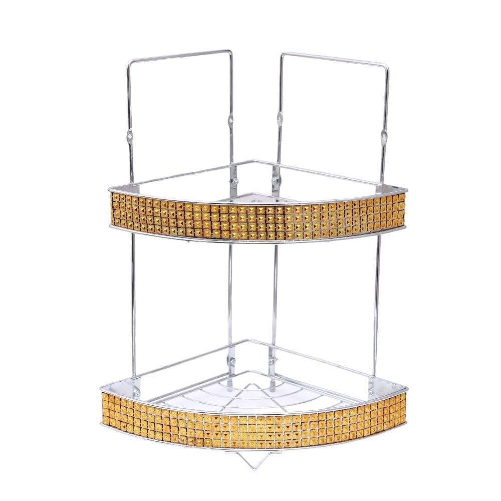 رف حمام شكل زاوية بطابقين مصنوع من الاستيل - ذهبي