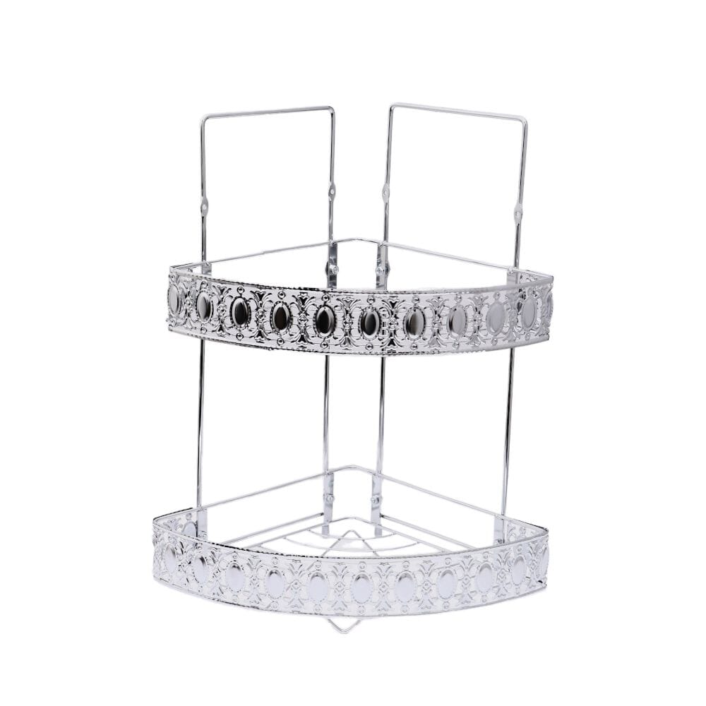 رف حمام شكل زاوية بطابقين مصنوع من الاستيل - فضيي