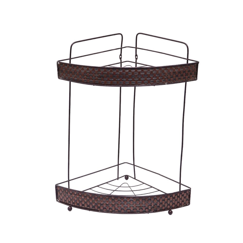 رف حمام شكل زاوية بطابقين مصنوع من الاستيل - بني