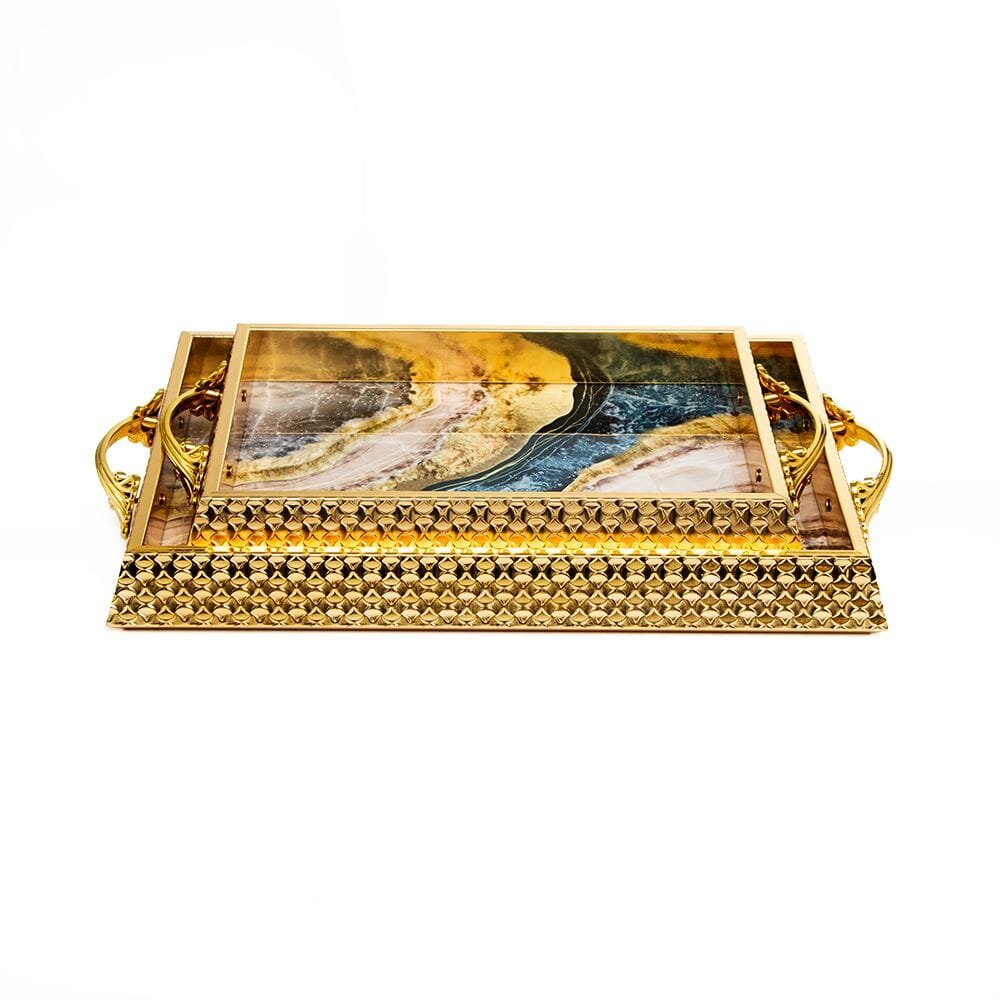 طقم صحون تقديم مزخرف بقاعدة خشبية - قطعتين 