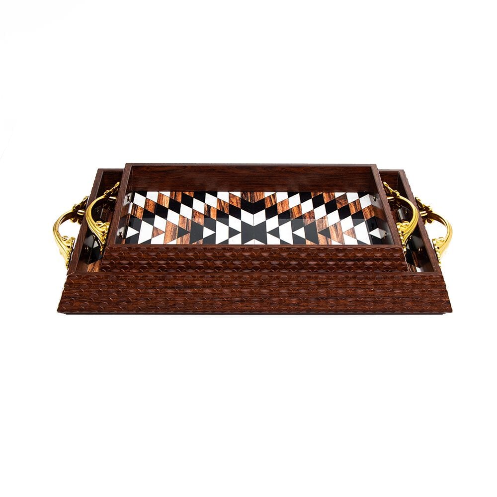 طقم صحون تقديم مزخرف بقاعدة خشبية - قطعتين 