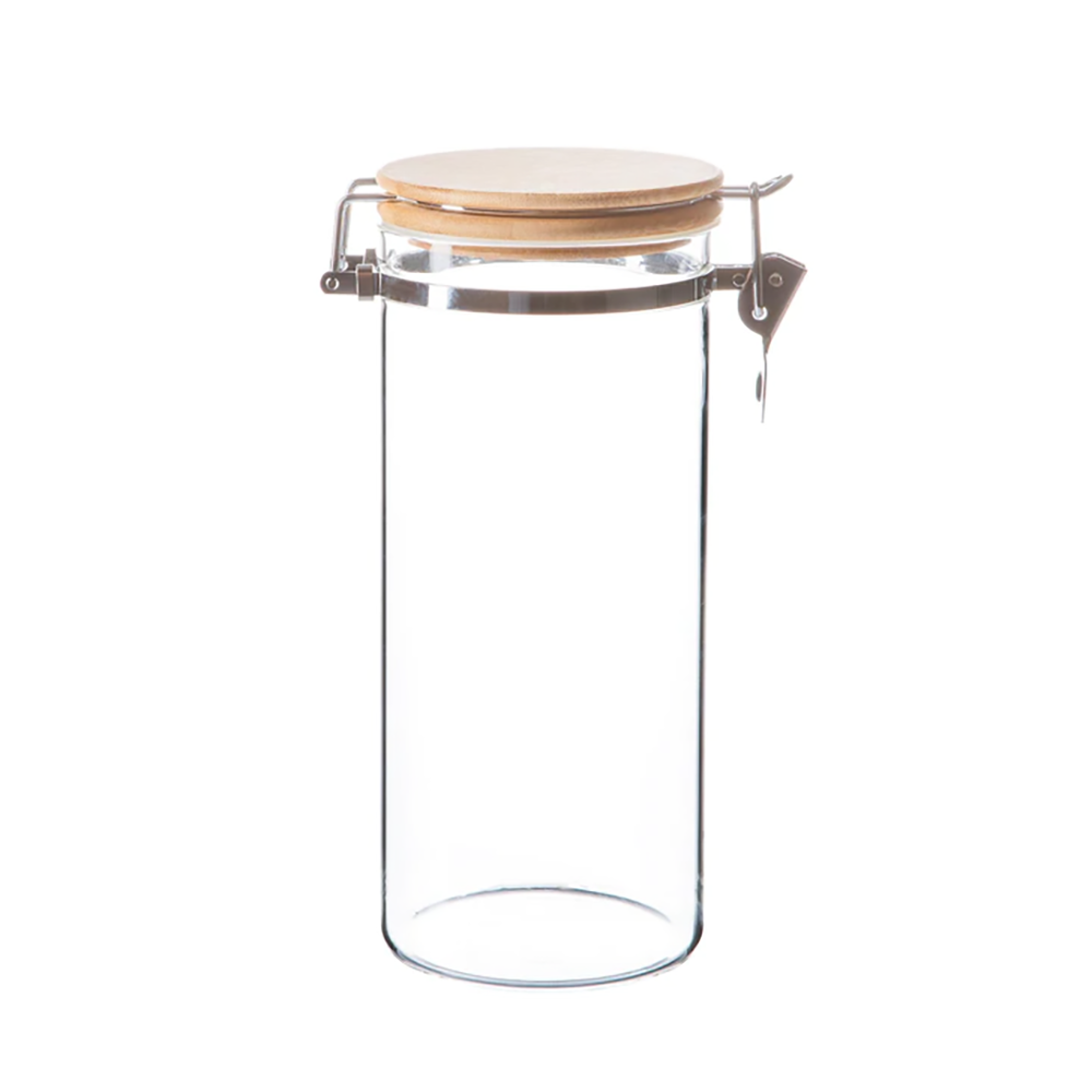 برطمان زجاجي شفاف كبير بغطاء خشبي - 21 سم