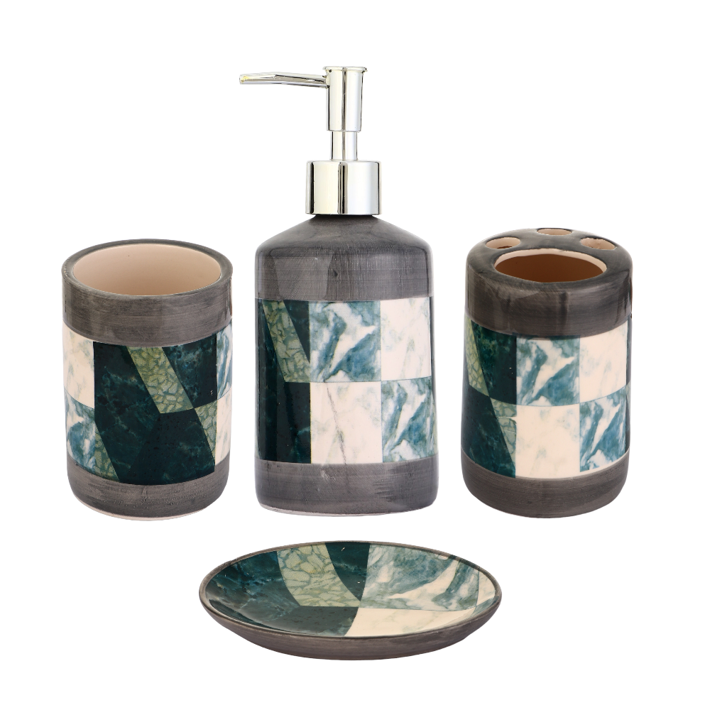 طقم إكسسوارات مغسلة الحمام سيراميك - 4 قطع رخامي