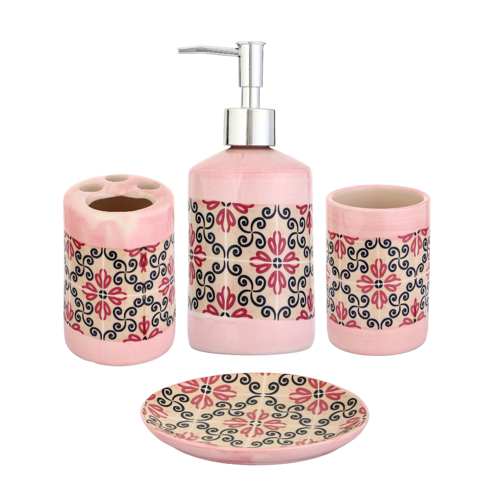 طقم إكسسوارات مغسلة الحمام سيراميك - 4 قطع زهري