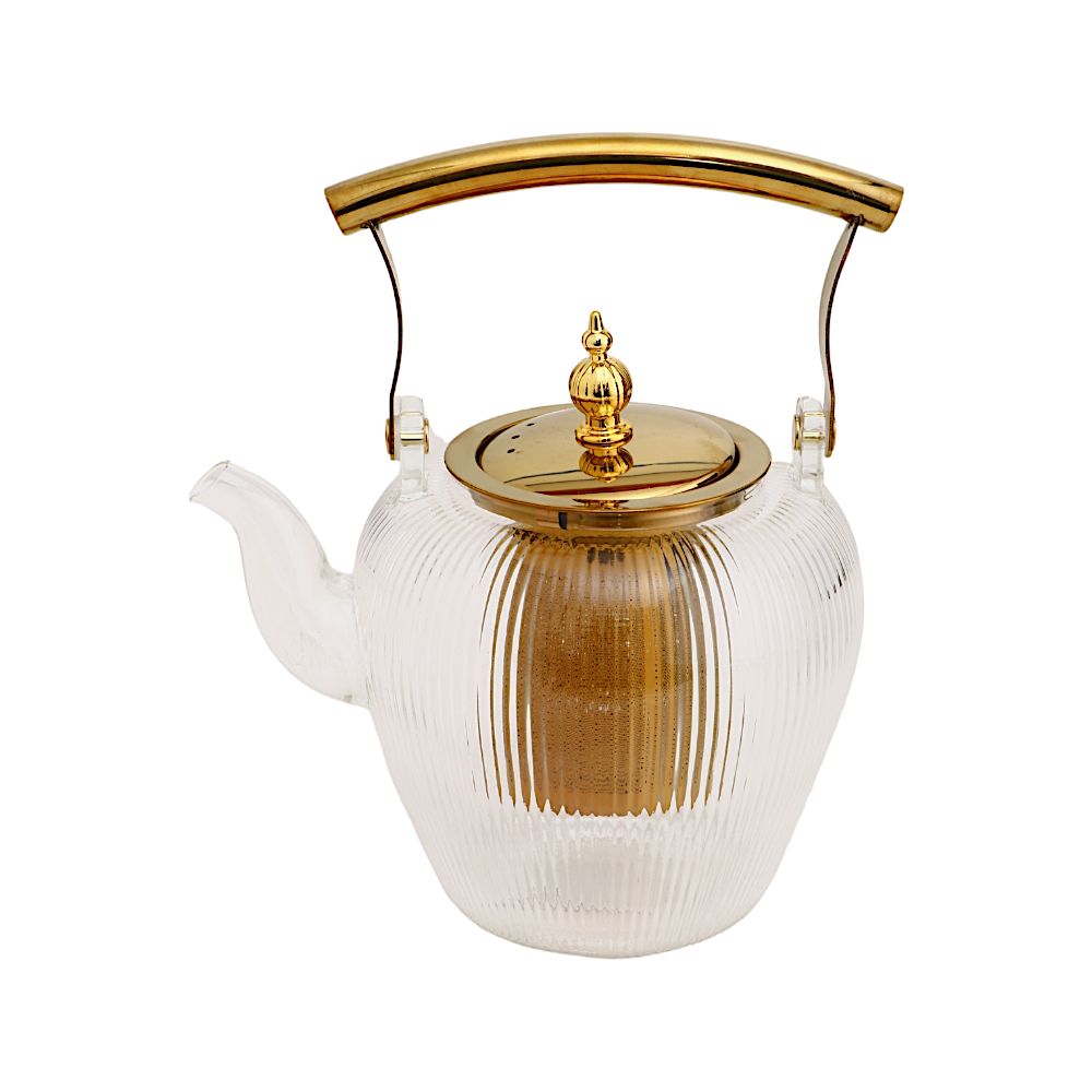 إبريق شاي زجاج شفاف حراري بغطاء ذهبي - 1 لتر