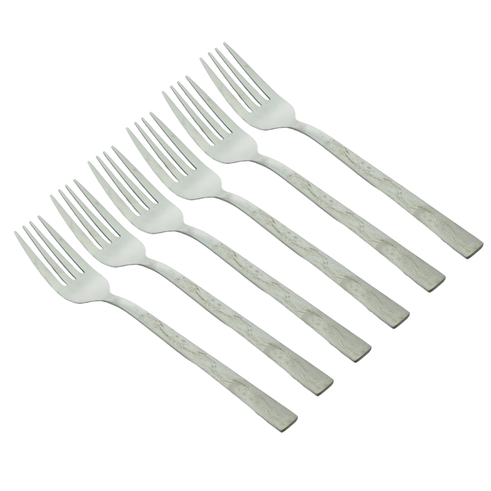 طقم ملاعق شوك استيل فضي كبير منقوش - 6 حبات