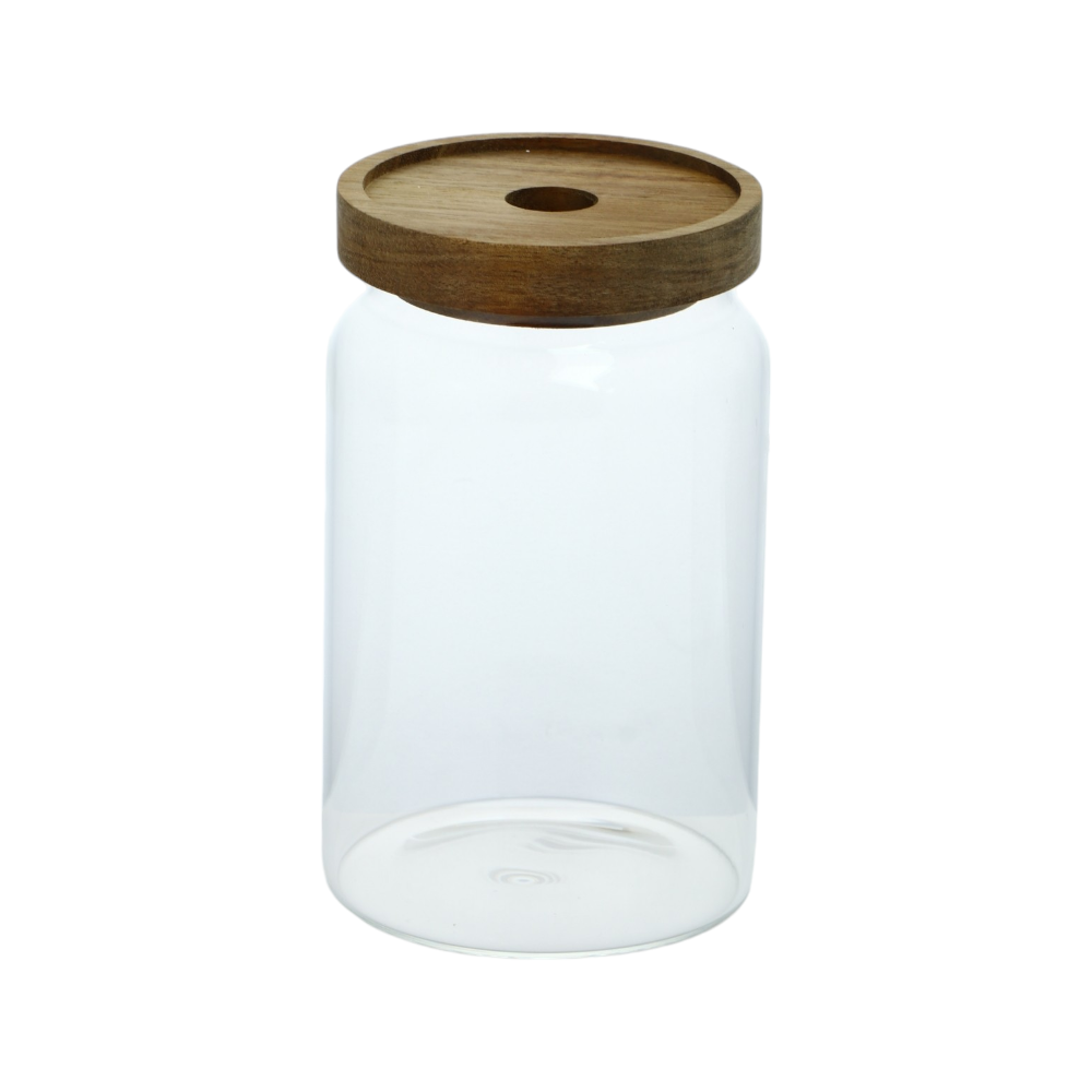 برطمان زجاجي شفاف مع غطاء خشبي بحجم 10سم*15 سم