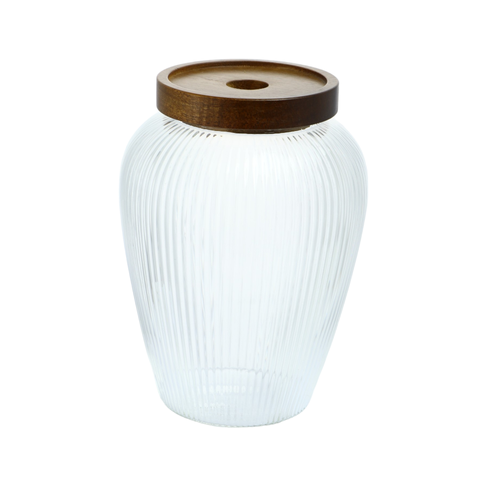 برطمان زجاجي دائري شفاف مخطط مع غطاء خشبي بسعة 1100 مل