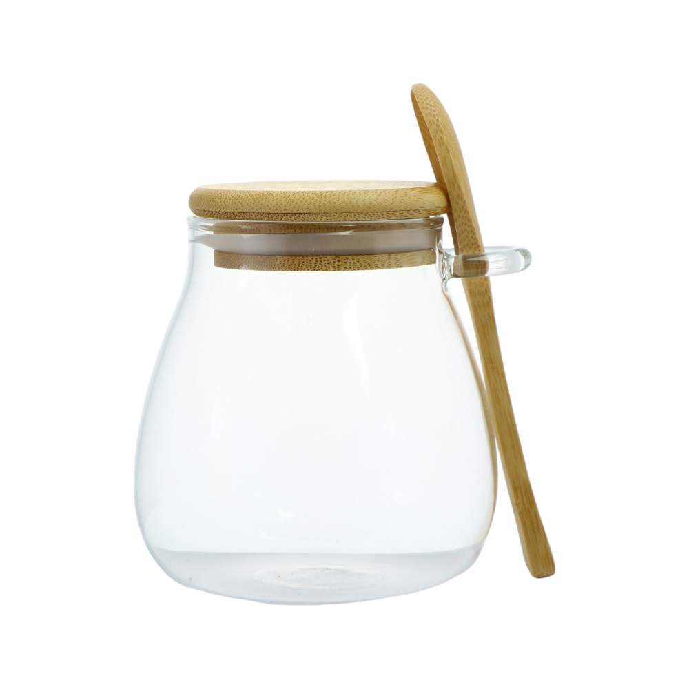 برطمان زجاجي بيضاوي شفاف مع ملعقة وغطاء خشبي بحجم 6.5سم*10 سم
