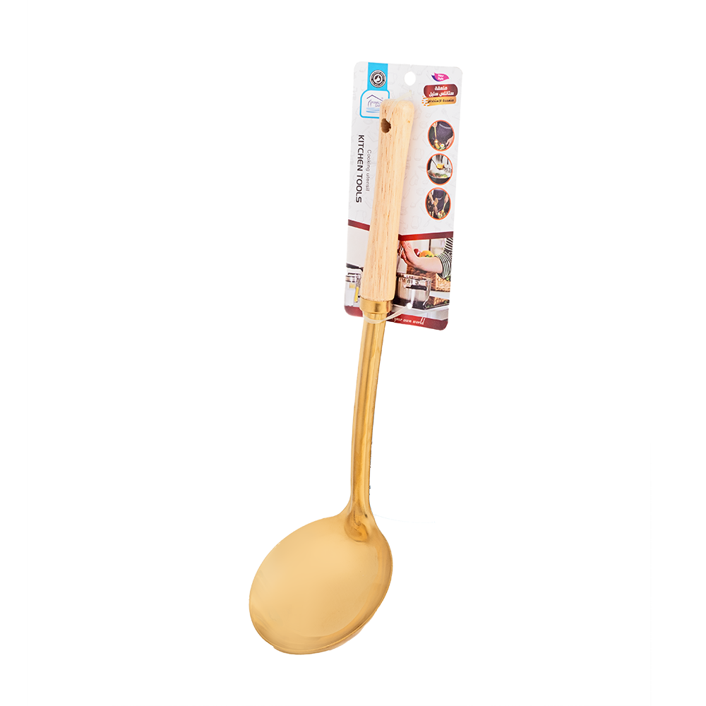 ملعقة حساء استيل دائرية بمقبض خشبي 28 سم - ذهبي