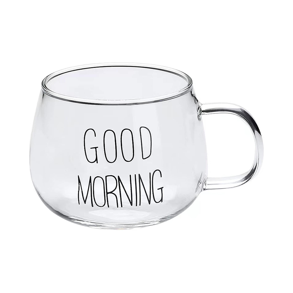 كوب قهوة زجاجي شفاف جود مورنينج - 390 مل