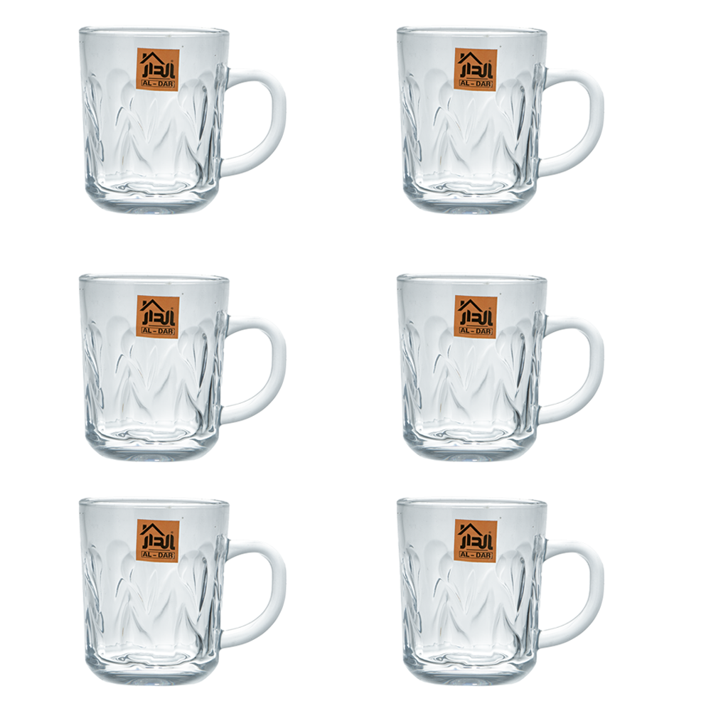 الدار طقم كاسات شاي زجاجية شفافة بمقابض جانبية - 6 قطع