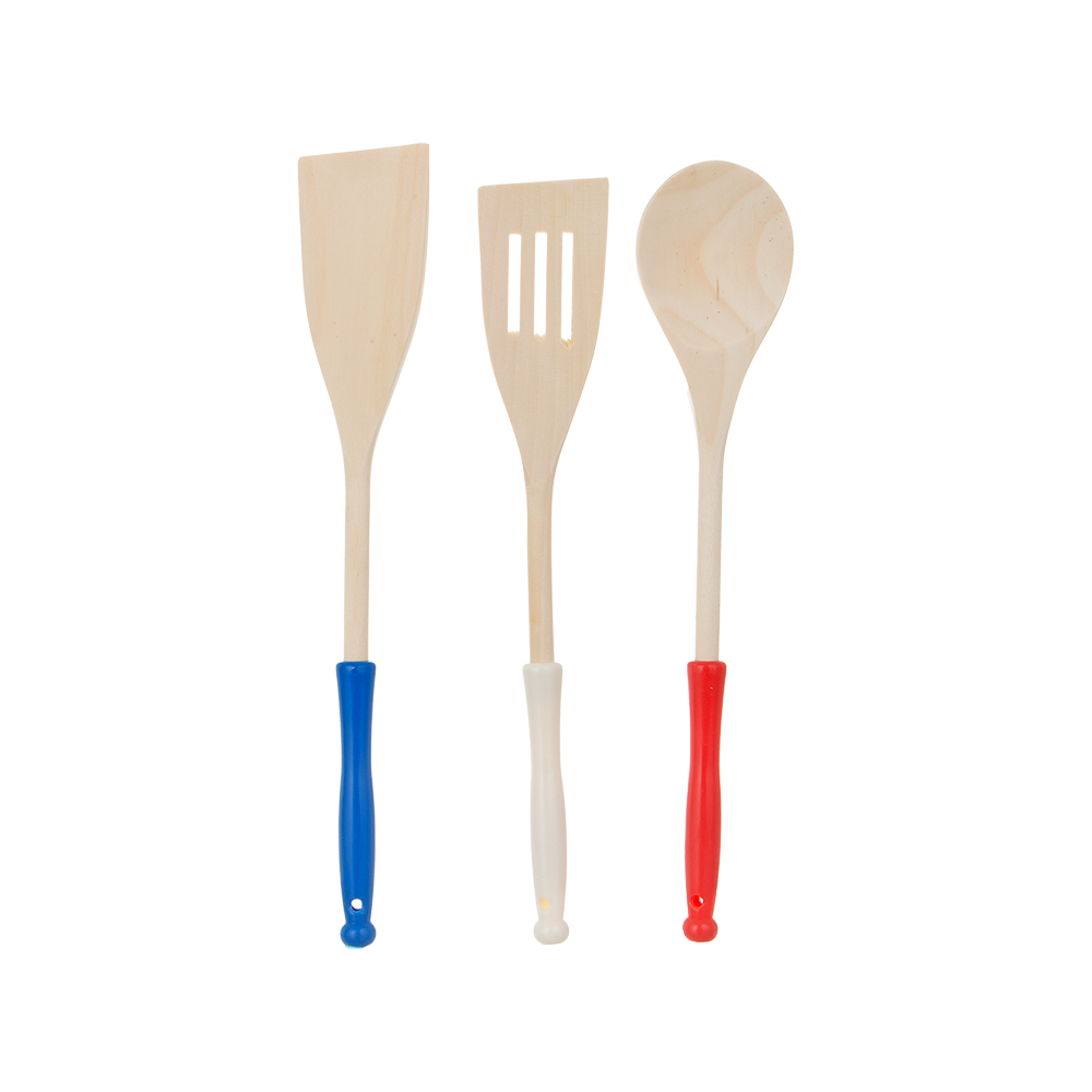 طقم ملاعق طبخ خشبية بمقابض بلاستيكية -  3 قطع