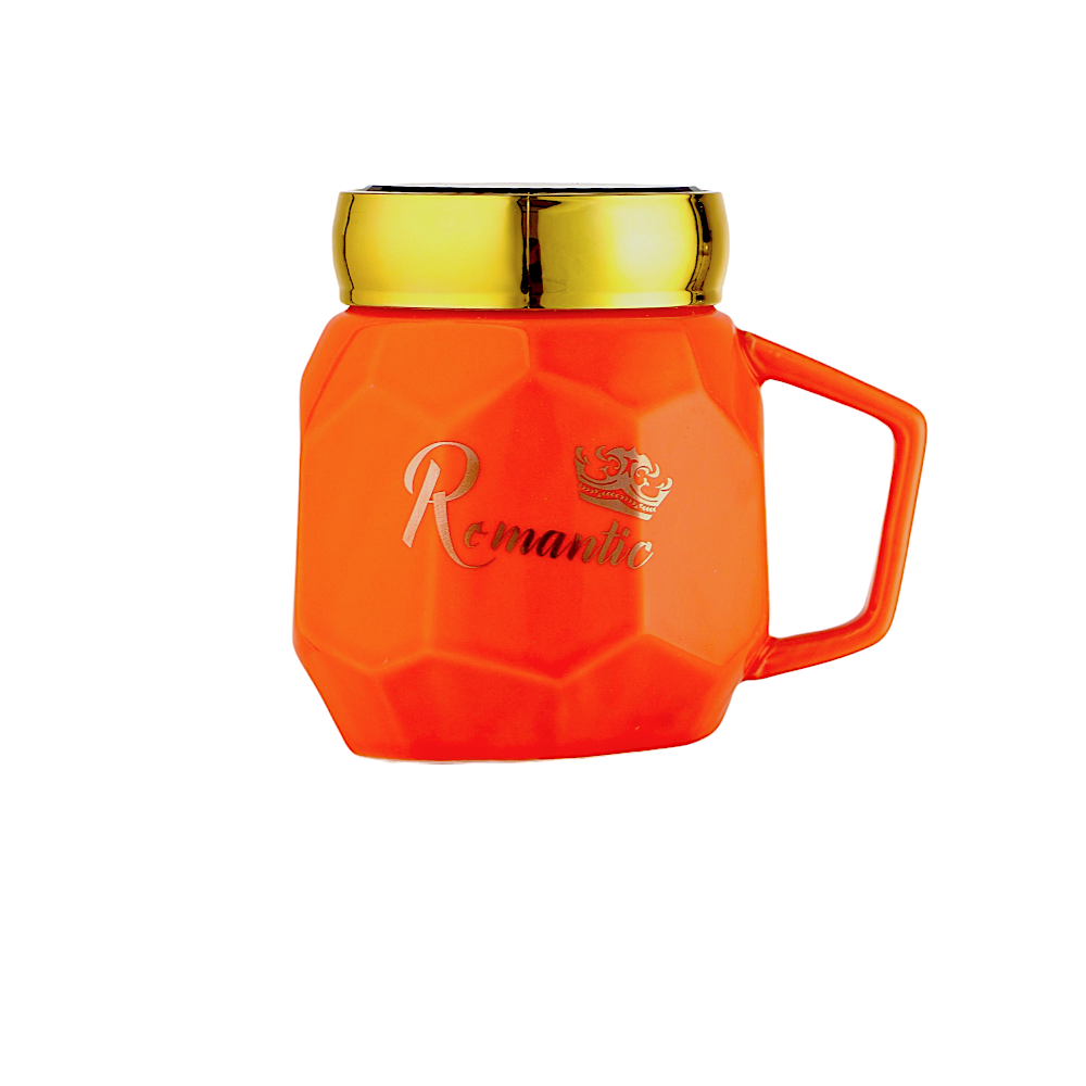 كوب سيراميكي رومانتيك بغطاء سعة 400 مل - برتقالي