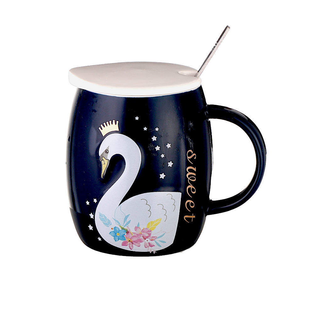 كوب سيراميكي طباعة شكل بطة بغطاء وملعقة سعة 400 مل - أسود