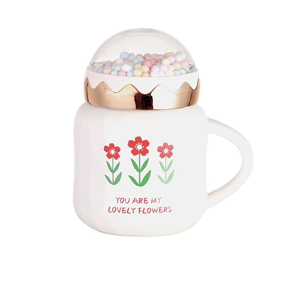 كوب سيراميكي بغطاء شفاف يتضمن كرات سعة 350 مل - أبيض