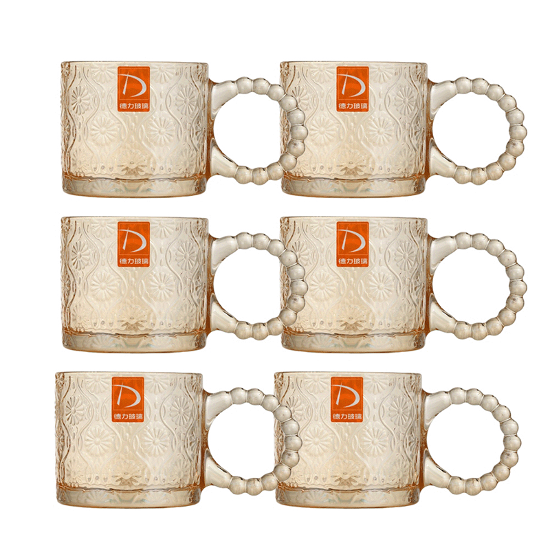 طقم كاسات مشروبات زجاجية مزخرفة بمقابض جانبية  -  6 قطع 