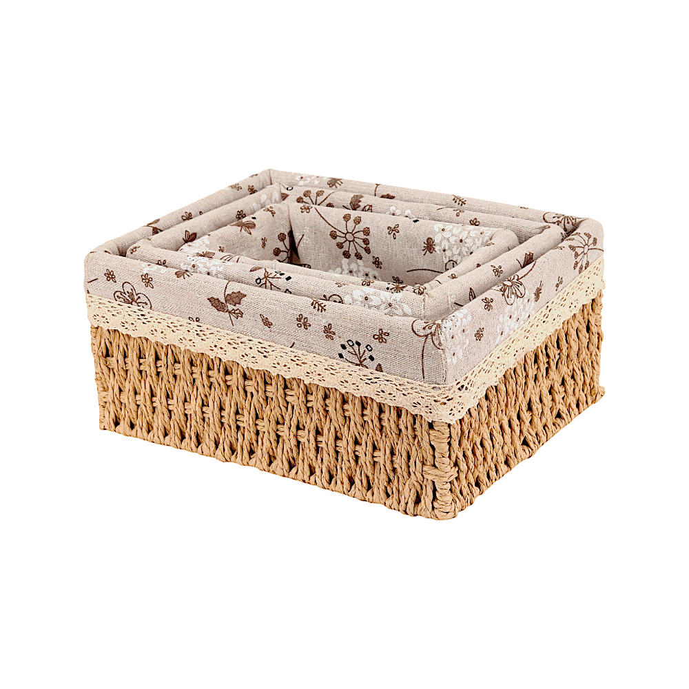 طقم سلات تخزين خشبية مستطيلة  3 قطع -  بيج 