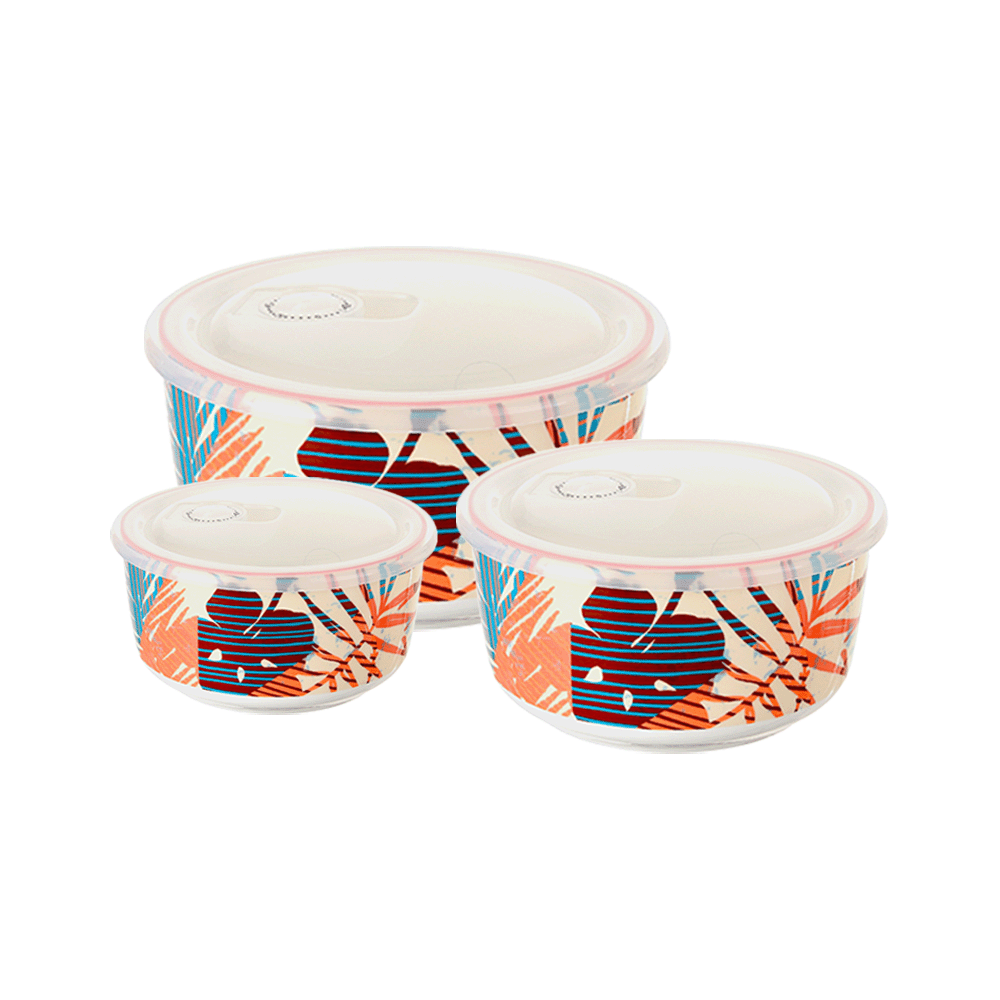 داني هوم طقم حافظات طعام بورسلان دائرية مع أغطية بلاستيكية  - 3 قطع 