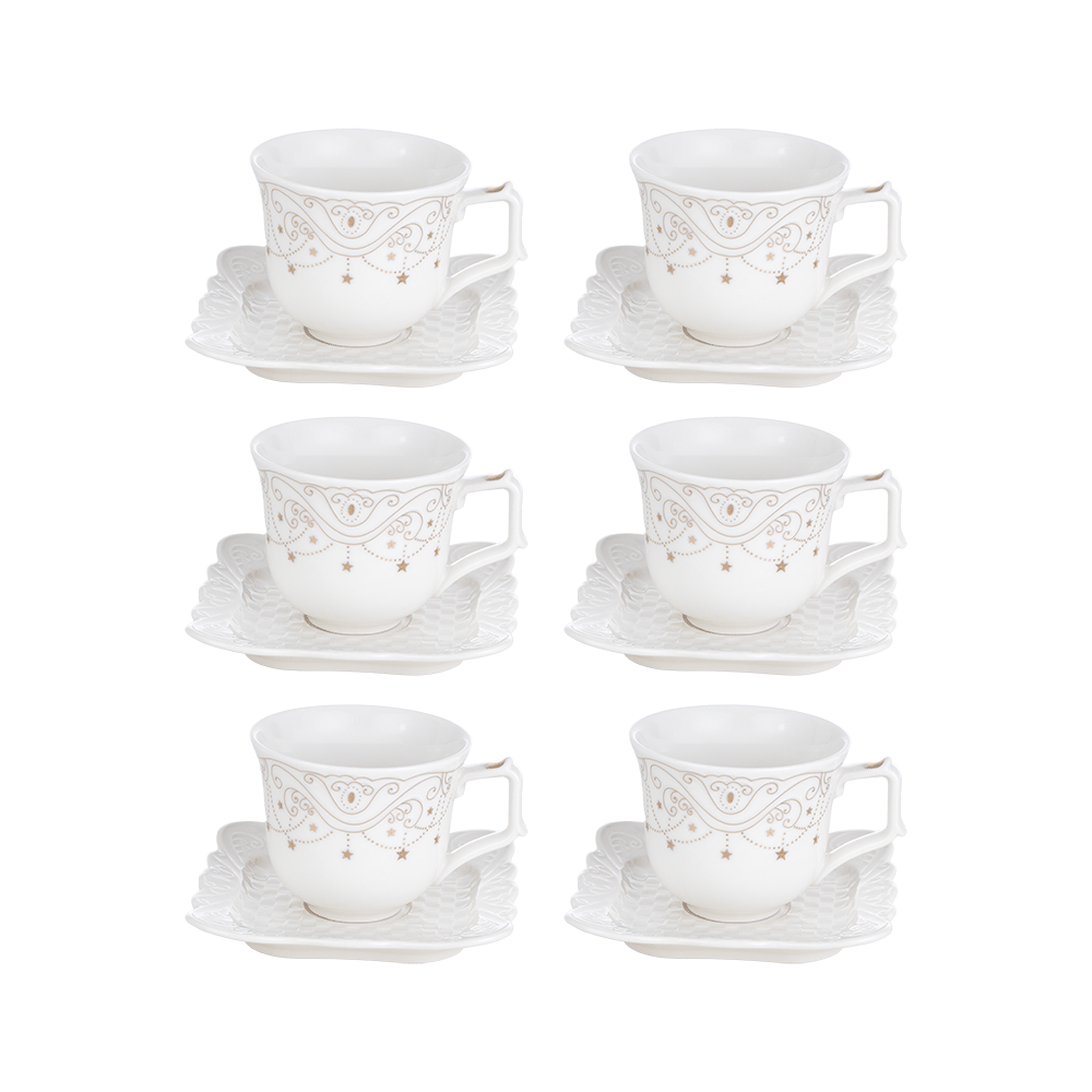 طقم فناجين قهوة سيراميكية أنيقة مع السياسر شكل مربع - 12 قطعة