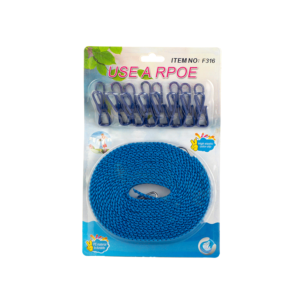 حبل غسيل مع مشابك بطول 4 متر - أزرق