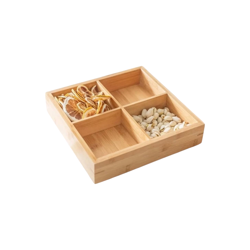 صحن مكسرات خشبي مقسم 4 أقسام بغطاء إكريليك شفاف - بني 