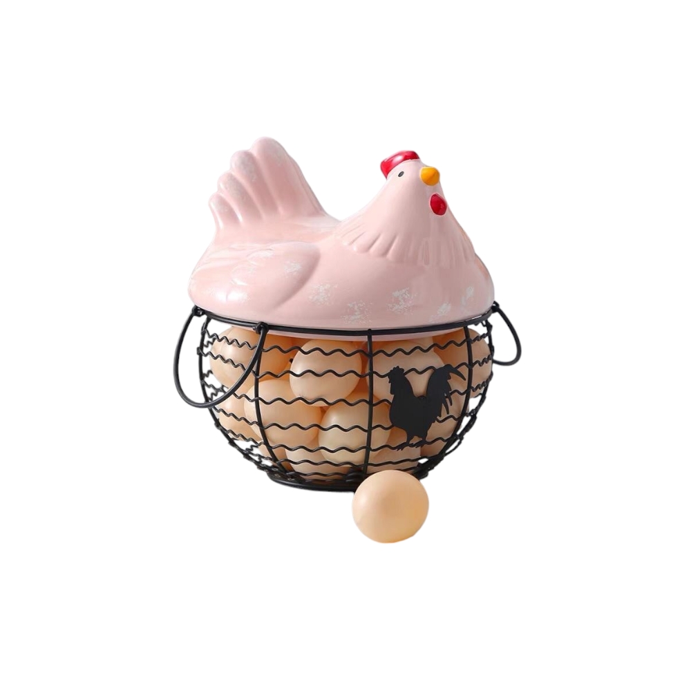 سلة تخزين بيض معدنية مع غطاء سيراميك شكل دجاجة  - زهري 