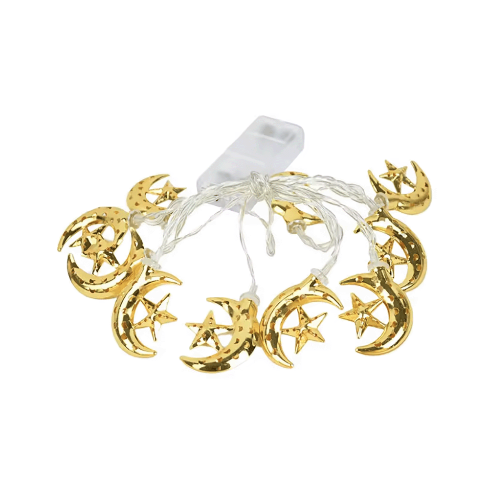 تعليقة زينة رمضان مضيئة شكل نجوم و هلالات ذهبي - 1 متر