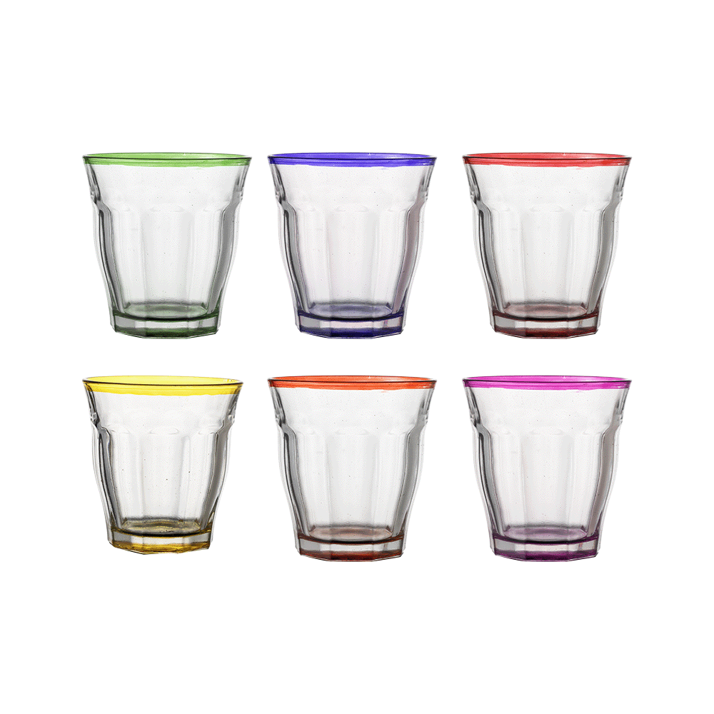 طقم كاسات شاي زجاج شفافة بحواف ملونة سعة 400 مل - 6 قطع