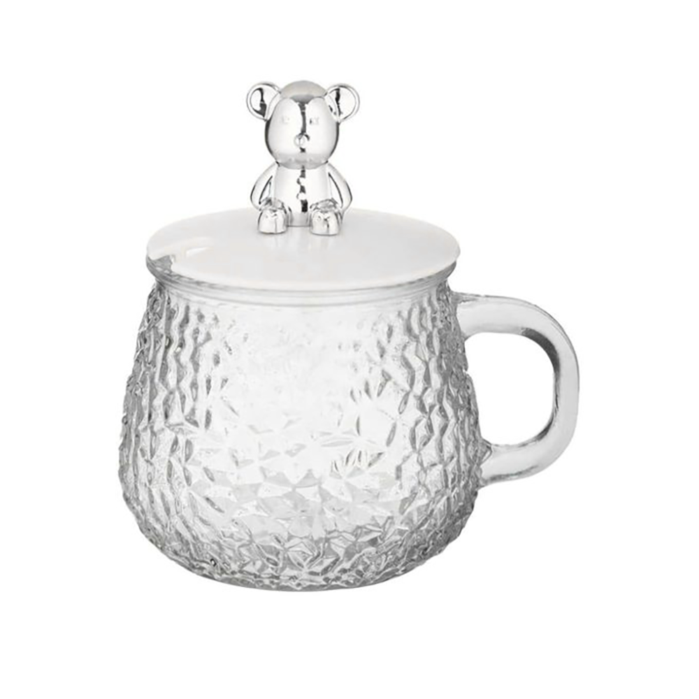 كوب مشروبات زجاج حراري شفاف بغطاء شكل دب - 400 مل