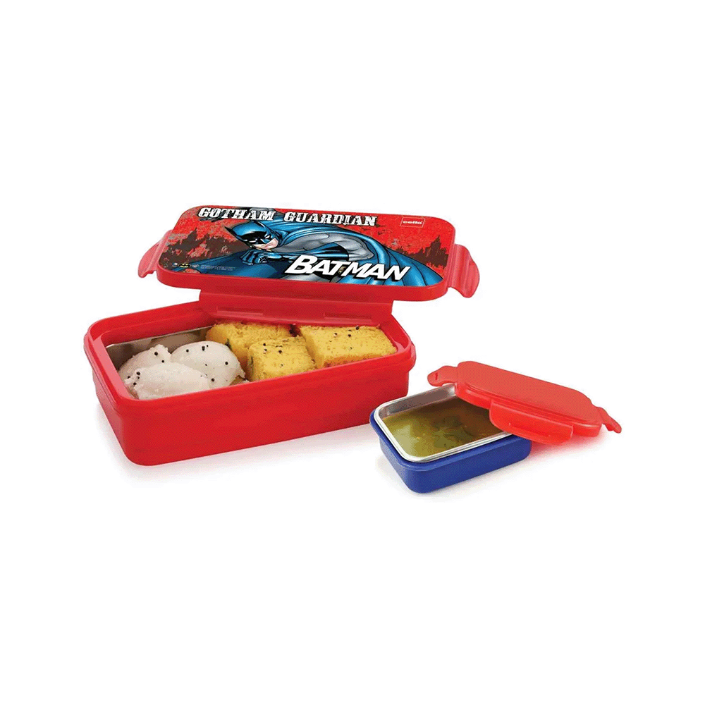تشيلو حافظة طعام بلاستيكية معزولة للأطفال بطباعة باتمان - أحمر