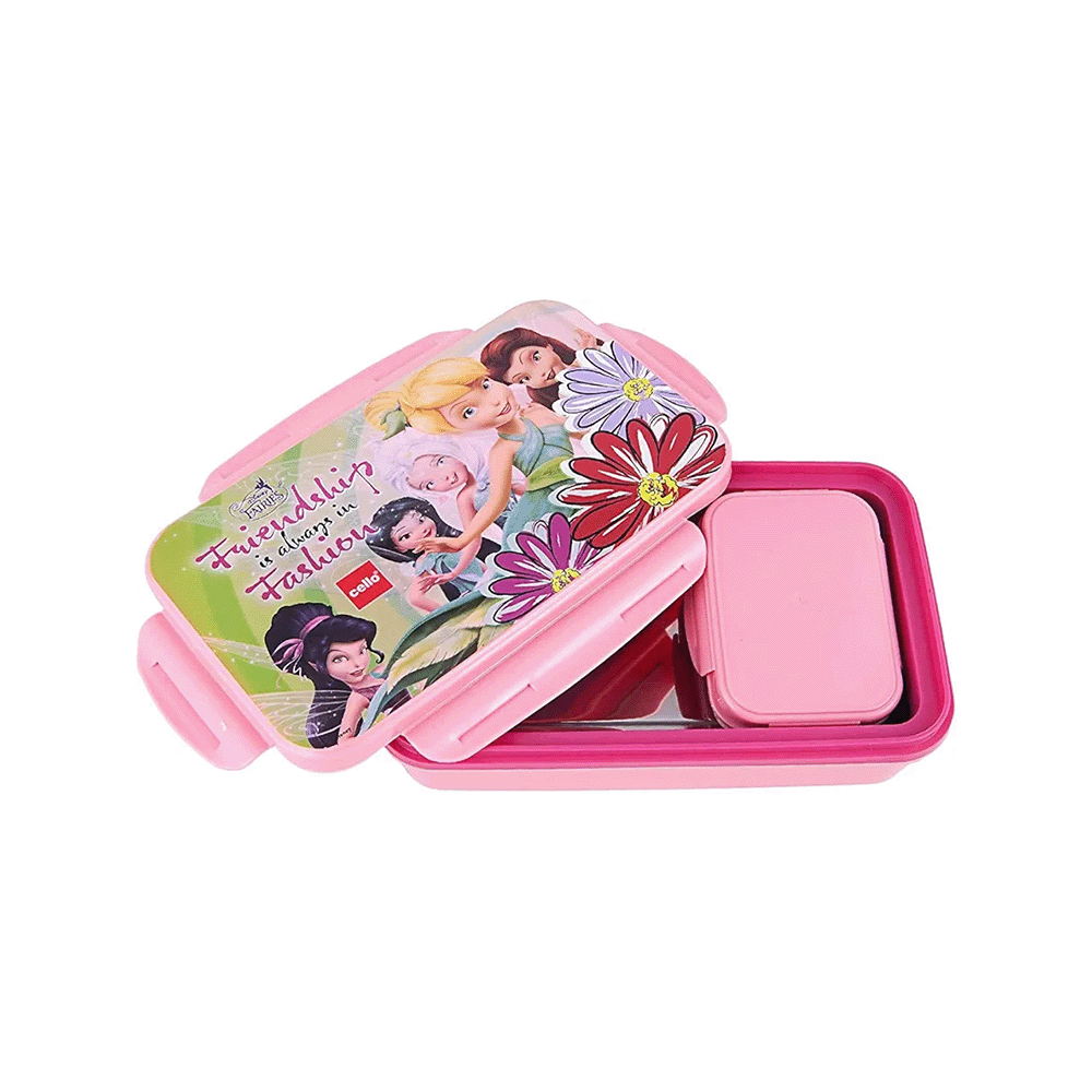 تشيلو حافظة طعام بلاستيكية معزولة للأطفال بطباعة شخصيات الجنيات الصغيرات - وردي