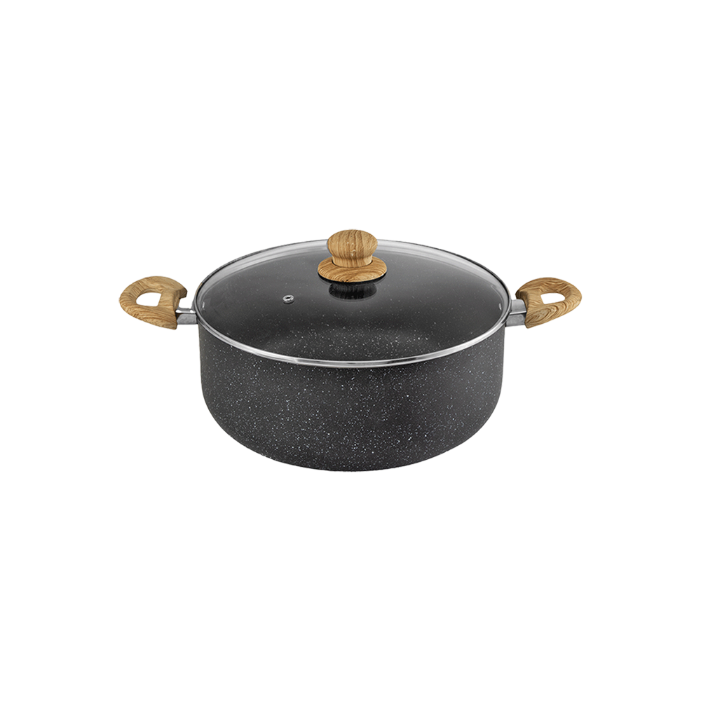 البدر قدر طهي جرانيت دائري بمقابض خشبية و غطاء زجاج حراري - 24 سم