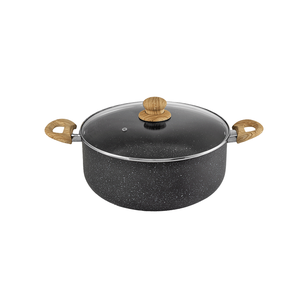 البدر قدر طهي جرانيت دائري بمقابض خشبية و غطاء زجاج حراري - 26 سم