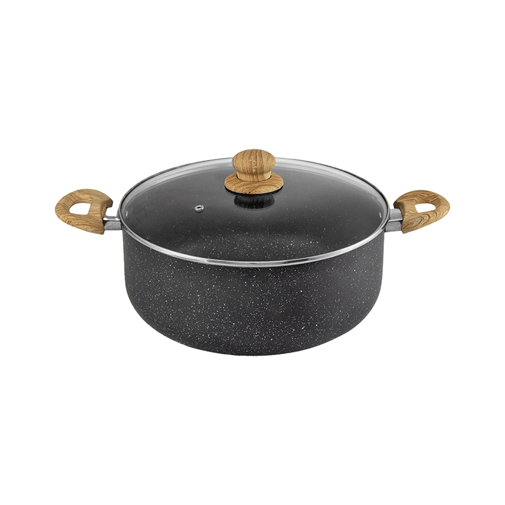 البدر قدر طهي جرانيت دائري بمقابض خشبية و غطاء زجاج حراري - 28 سم