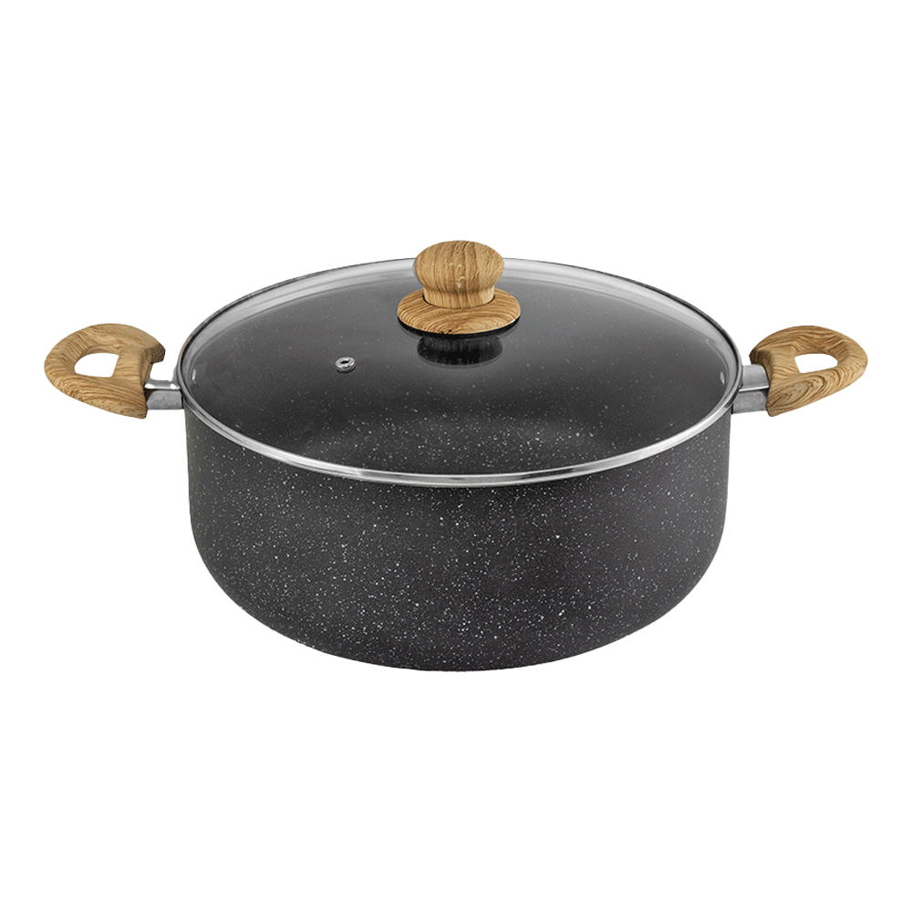 البدر قدر طهي جرانيت دائري بمقابض خشبية و غطاء زجاج حراري - 32 سم