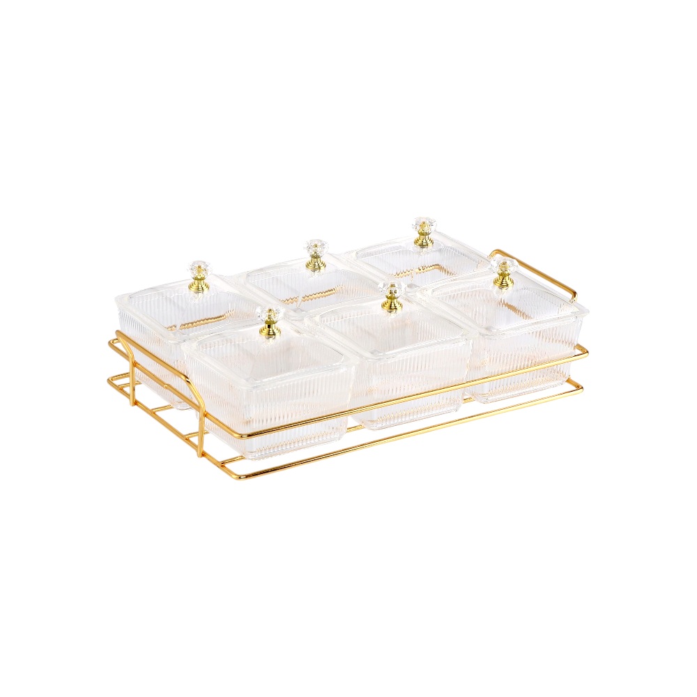 طقم علب تقديم فاخرة مع حامل ذهبي - 6 قطع