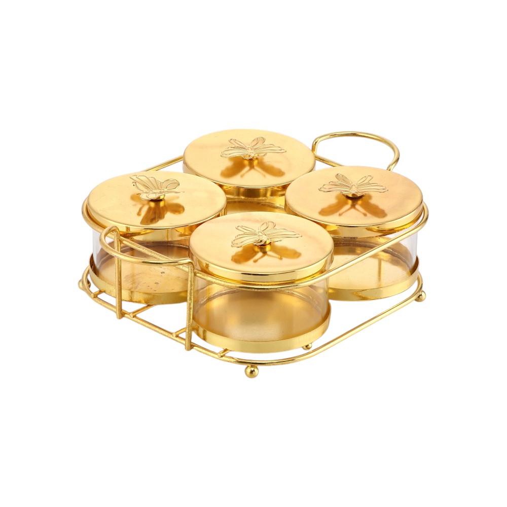 طقم علب تقديم زجاجية فاخرة مع أغطية وحامل ذهبي بتصميم فراشة - 5 قطع