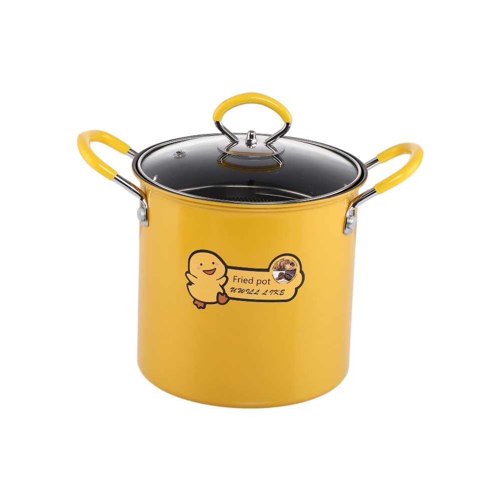 قدر قلي عميق مع غطاء زجاجي ومصفاة بتصميم بطة - أصفر