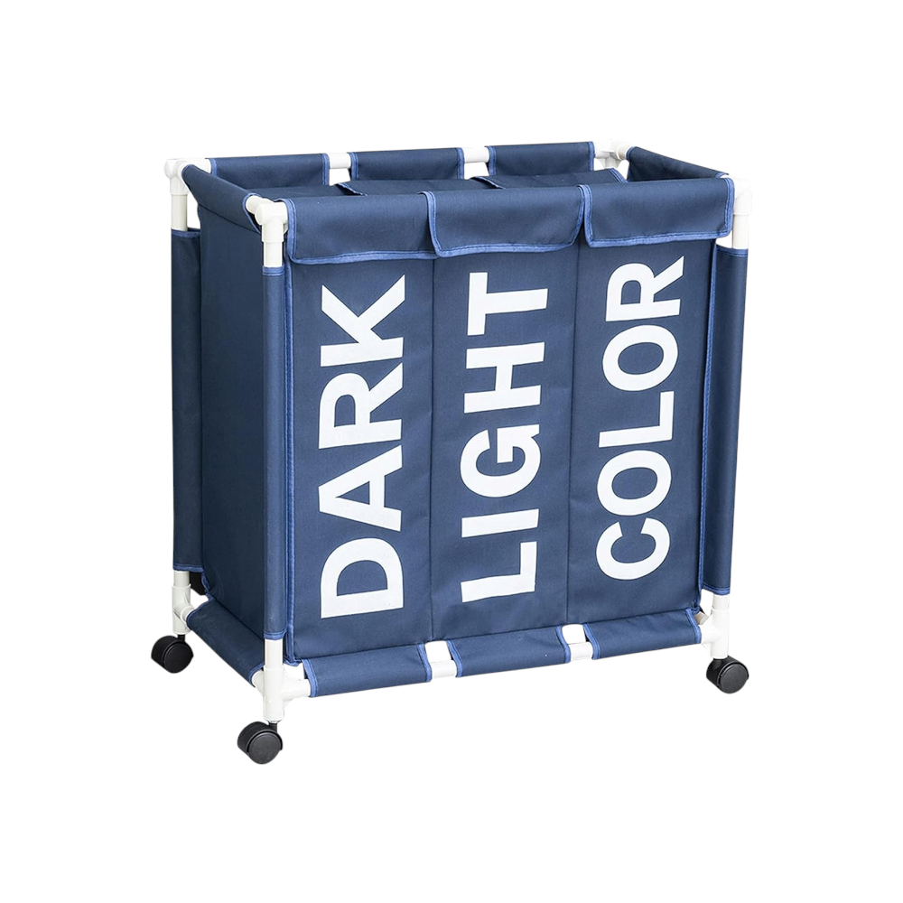 سلة غسيل قابلة للطي بثلاثة أقسام مع غطاء وعجلات - أزرق