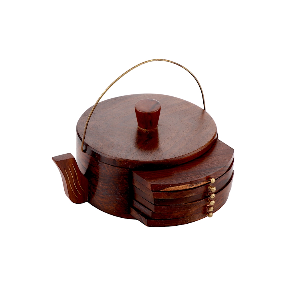 تيروير طقم قواعد أكواب خشبية بتصميم إبريق شاي - بني داكن