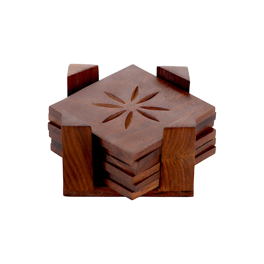 تيروير طقم قواعد أكواب خشبية مربعة مع حامل نقشة زهرة - بني داكن