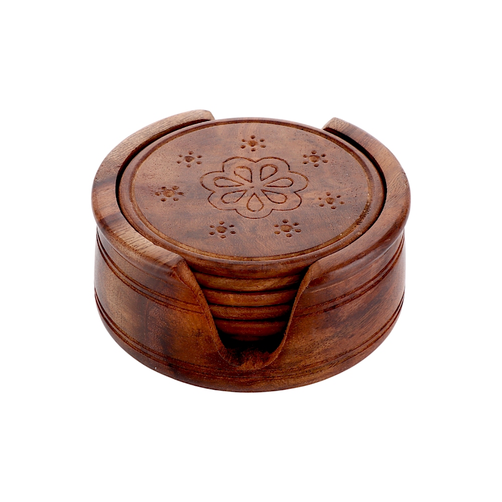 تيروير طقم قواعد أكواب خشبية دائرية مع حامل بتصميم زهور - بني داكن