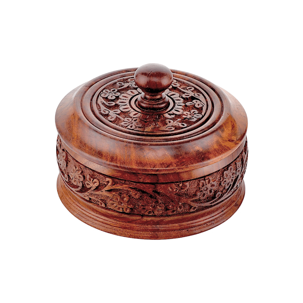 تيروير علبة خشبية دائرية مزخرفة بغطاء ومقسمة - بني داكن