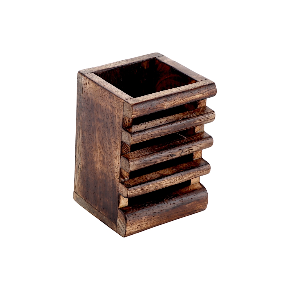 تيروير منظم أقلام خشبي مربع بتصميم شرائح - بني داكن