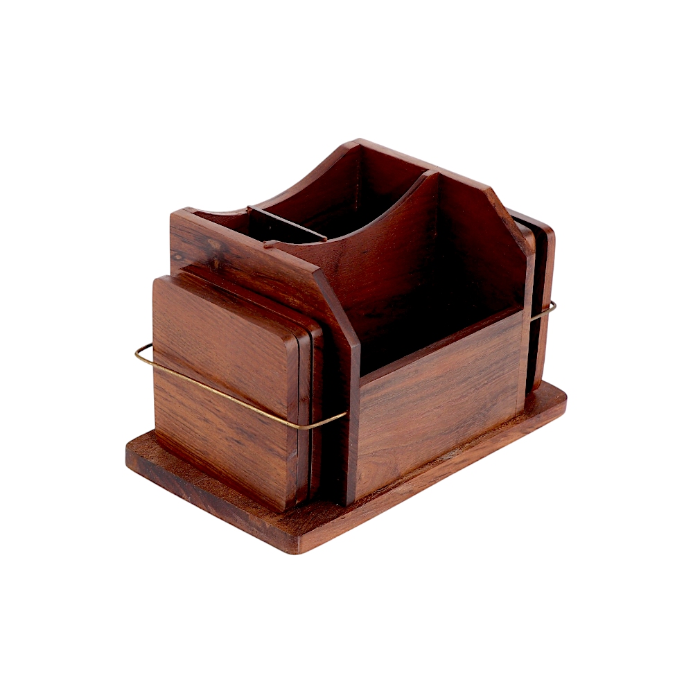 تيروير طقم قواعد أكواب خشبية مربعة مع منظم مكتبي - بني داكن