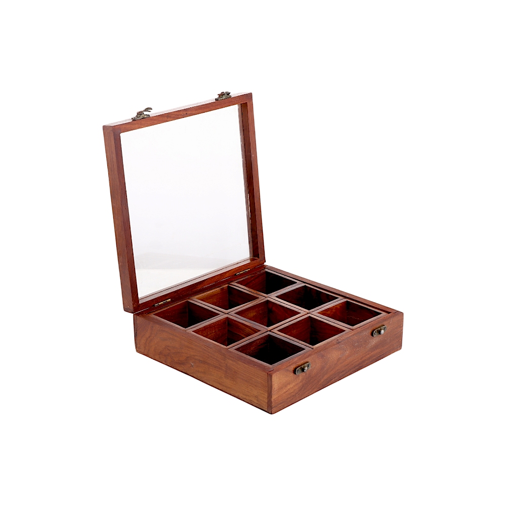 تيروير صندوق تخزين خشبي مربع بغطاء زجاجي بتسعة أقسام - بني داكن