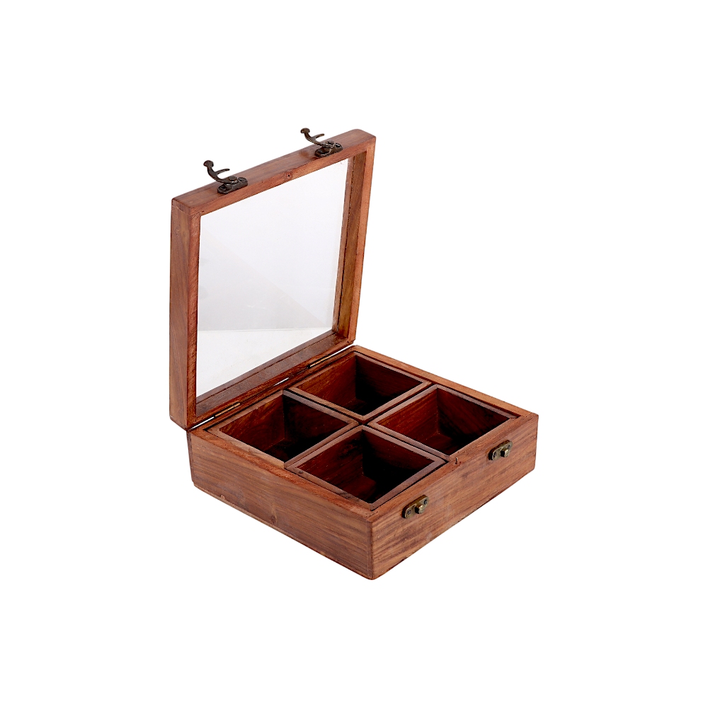 تيروير صندوق تخزين خشبي مربع بغطاء زجاجي بأربعة أقسام - بني داكن