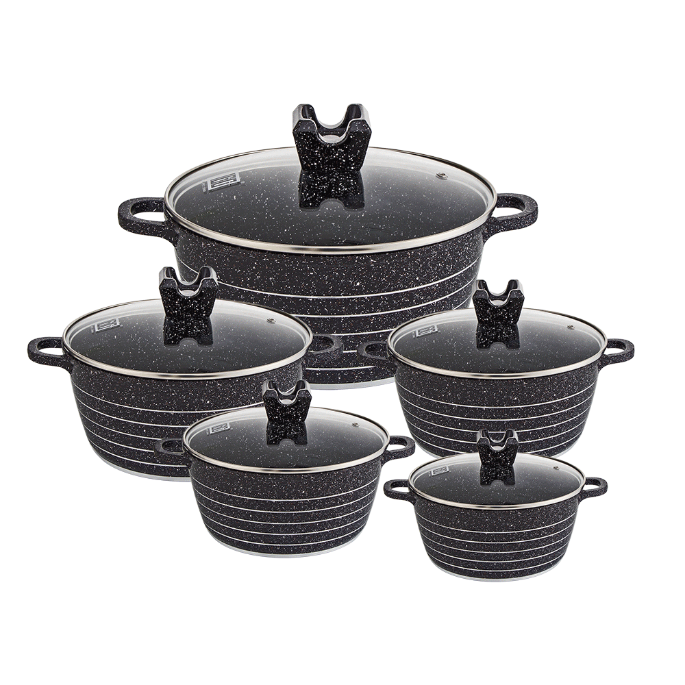 طقم قدور طهي جرانيت دائرية بمقابض جرانيت و أغطية زجاج حرارية - 5 قطع